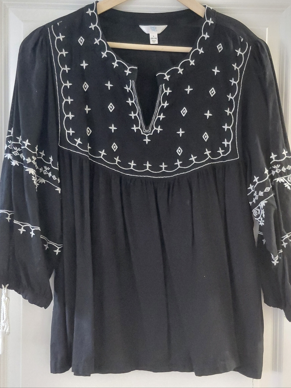 Time and Tru Black Peasant Blouse with White Embroidery